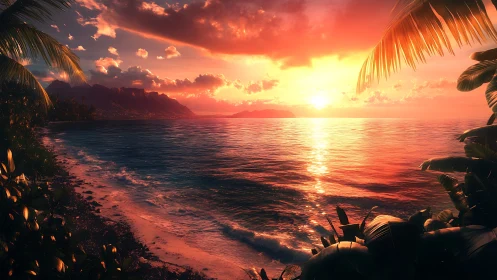 Luminous tropical coastline under radiative sunset scattering.