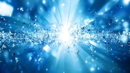 Shattered Glass Explosion in Blue Abstract Digital Art Style.