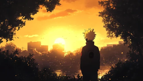 Solitary anime figure contemplates a golden river sunset