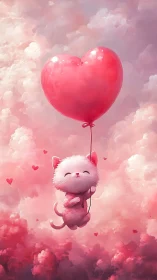 Pink Kitten Dreams: Heart Balloon Flight Through Pastel Clouds.
