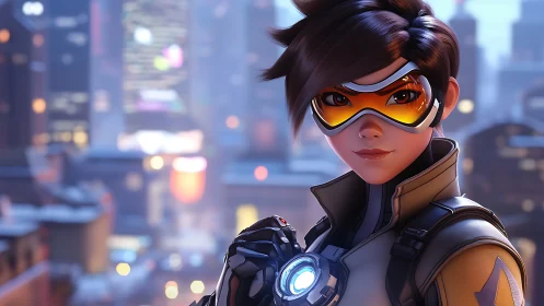 Anime hero portrait with luminous cityscape bokeh backdrop.