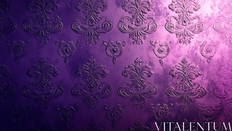Embossed violet damask wallpaper shows glossy ornate pattern