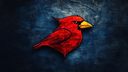 Red stylized bird emblem on textured dark blue background.