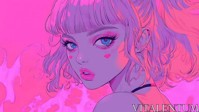 Pink neon portrait of girl with heart face markings.
