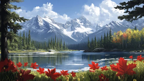 Snowy mountain lake with evergreen forest and red flowers.