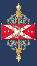 Regal dragon banner with ornate gold finial on navy field.