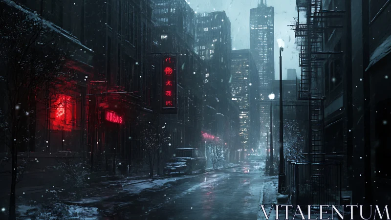 Noir cyberpunk alleyway in winter night digital painting.