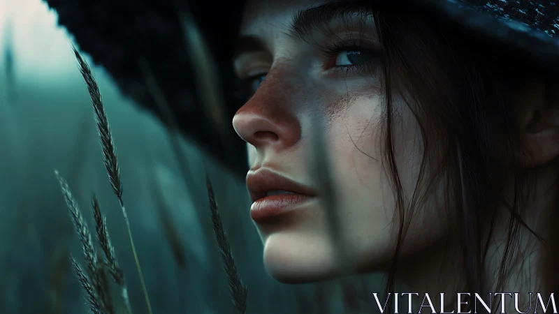 Quiet gaze beneath the wide hat in silver dusk fields.