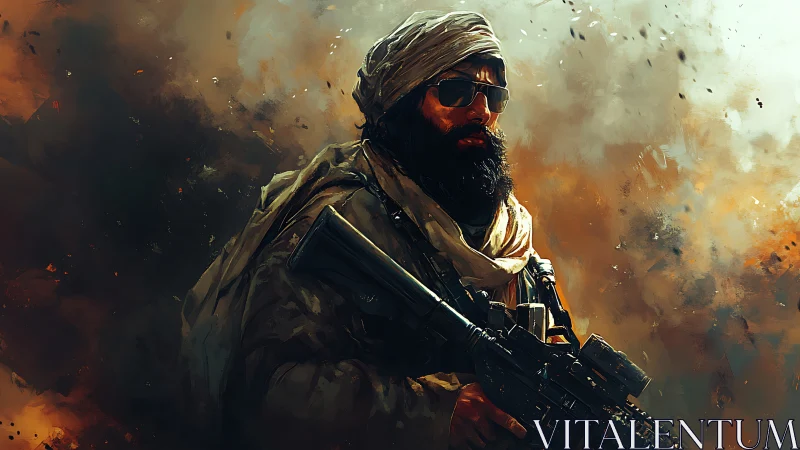 Armed figure stands amid diffuse smoke and abstract debris