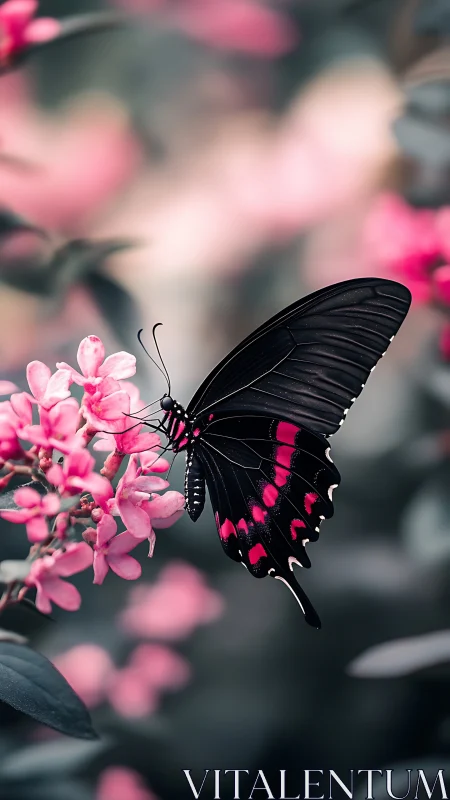 Black butterfly rests on pink blossoms in soft bokeh garden