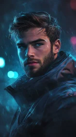 Stormlit portrait catches a thoughtful gaze in neon rain