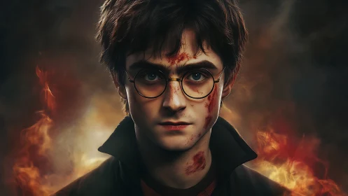 Digital portrait shows injured youth with glasses before flames