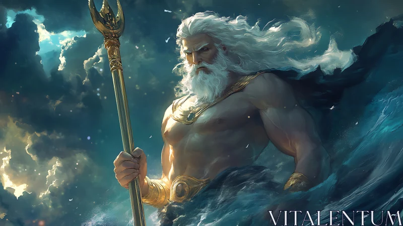 Muscular bearded sea god holds trident amid storm clouds
