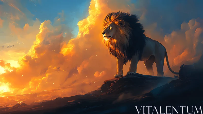 Lion stands on rocky ridge before dense illuminated clouds