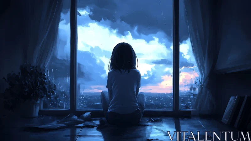 Backlit girl at rainy window overlooking blue dusk skyline