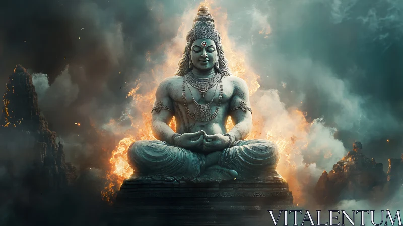 Majestic stone deity meditates amid swirling celestial fire.