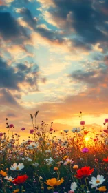 Wildflower meadow bathed in golden sunset with dramatic sky.