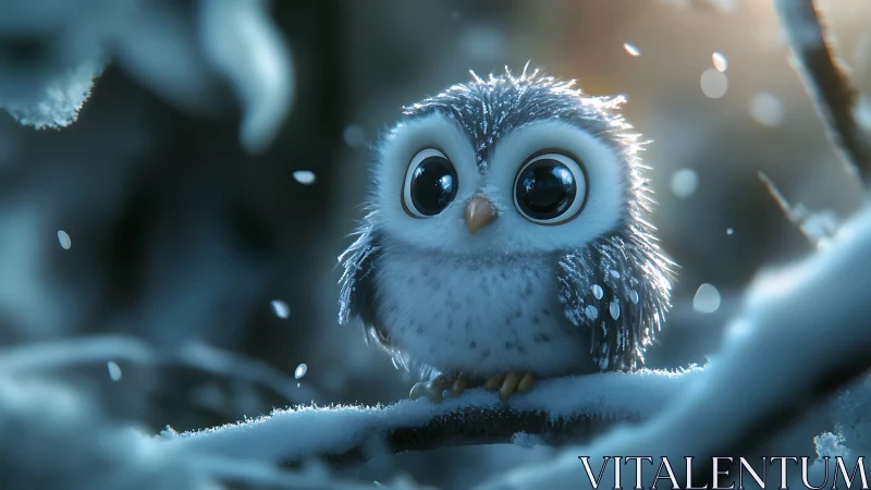 Adorable baby owl with big eyes in dreamy winter forest scene.