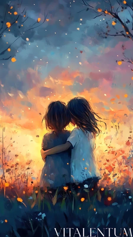 Two children in meadow observing illuminated evening sky.