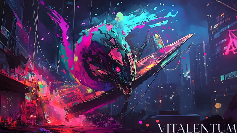 Neon cosmic serpent crashes through cyberpunk cityscape.