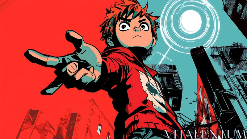 Defiant anime hero reaches forward against a blazing city sky