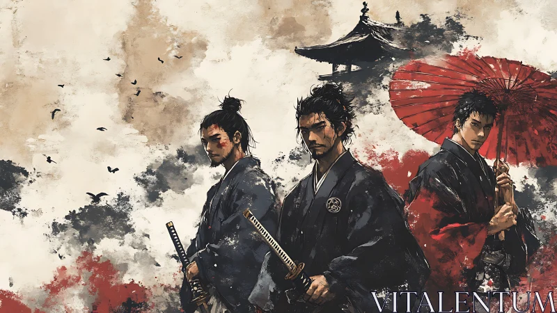 Triumphant samurai trio beneath storm-swept temple sky.