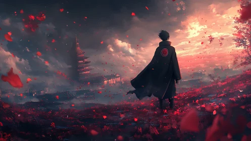 Lone cloaked figure in red field before stormy pagoda.