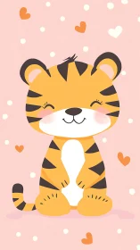 Smiling cartoon tiger on blush pink heart dotted background.