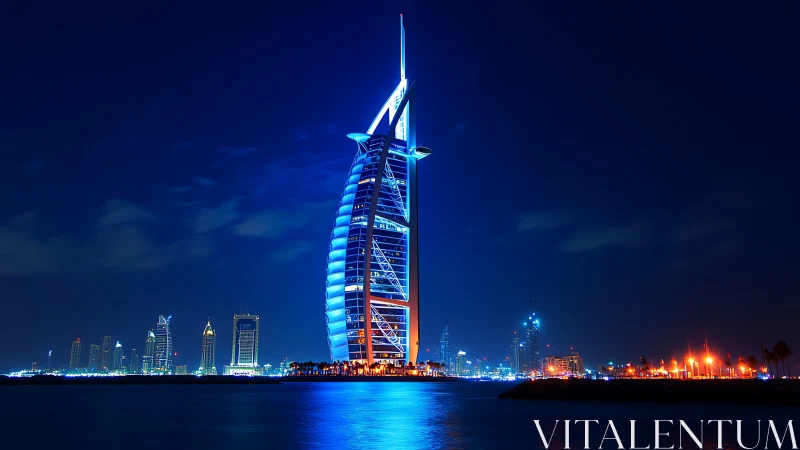 Night skyline with illuminated sail-shaped luxury hotel tower