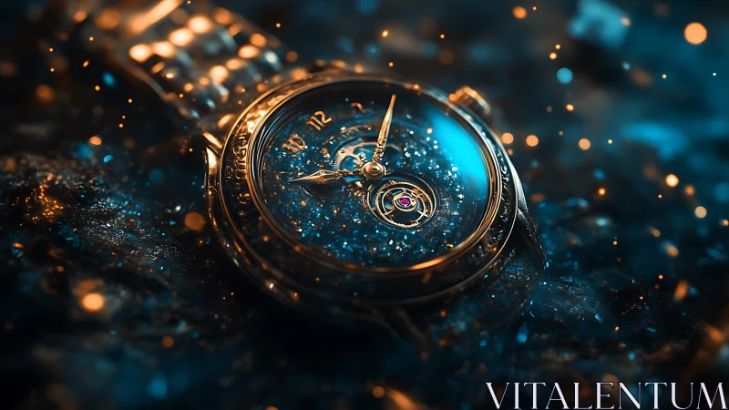 Luminous gold watch adrift in glittering cosmic dustscape.