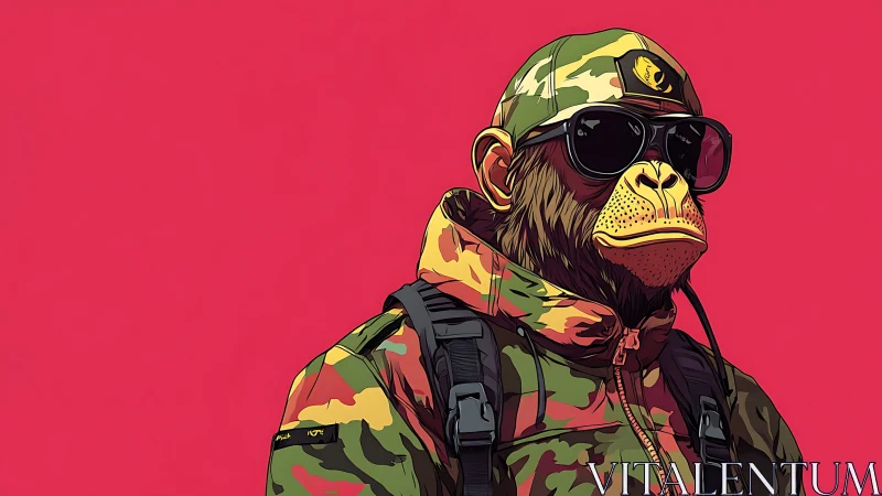 Stylized chimpanzee in camouflage jacket against pink background.