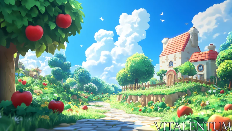 Sunny cottage orchard with vibrant apples and cobblestone path.