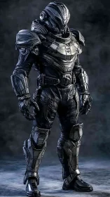 Armored sci fi sentinel stands ready in dark metallic exosuit.