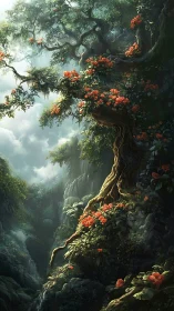 Ancient Tree Blooming with Orange Flowers in Misty Canyon Valley