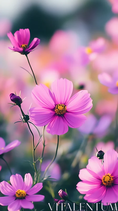 Pink cosmos flowers with yellow centers and buds in soft focus field