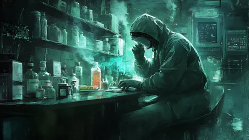 Solitary lab researcher lost in a glow of quiet discovery.