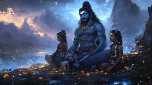 Divine blue deity in serene twilight meditation with children.