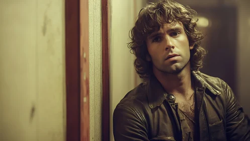 Brooding young man leans in dim hallway with vintage glow