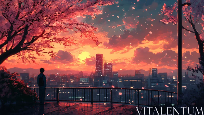 Solitary student observes neon city under cherry blossom dusk