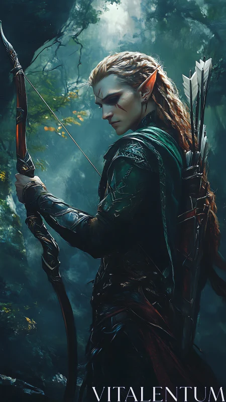 Forest-born elven archer pausing in a hush of green light.