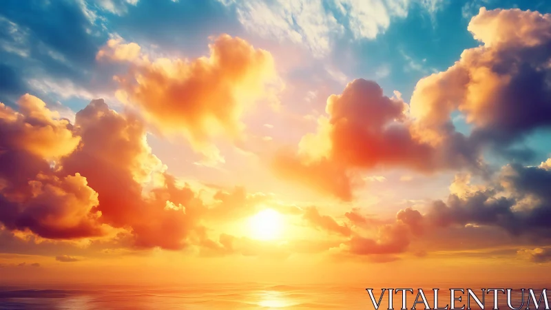 Sunset sky carnival over tranquil, mirror-bright ocean horizon.