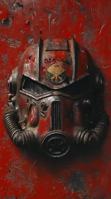 Cyberpunk power helmet on distressed industrial red plate.