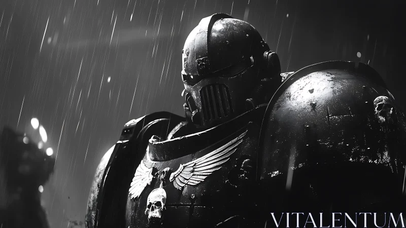 Stoic armored warrior standing unshaken in stormy rain.