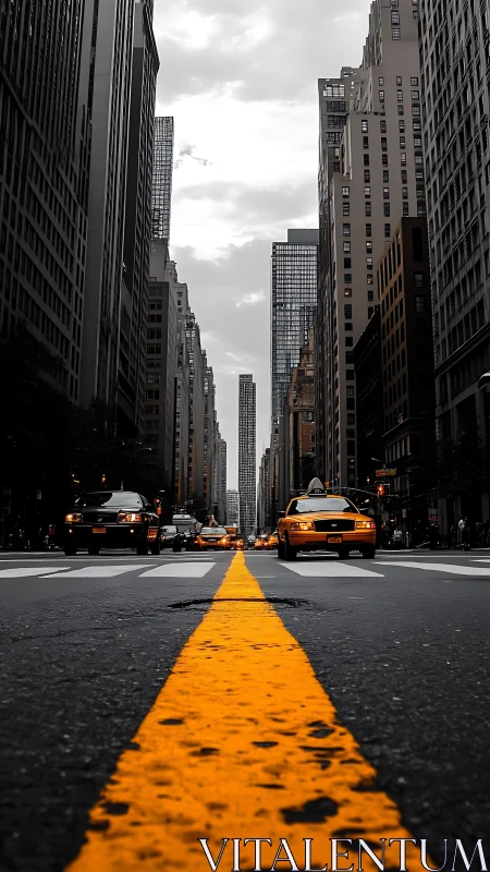 Bright yellow cab glides down a bold city center street