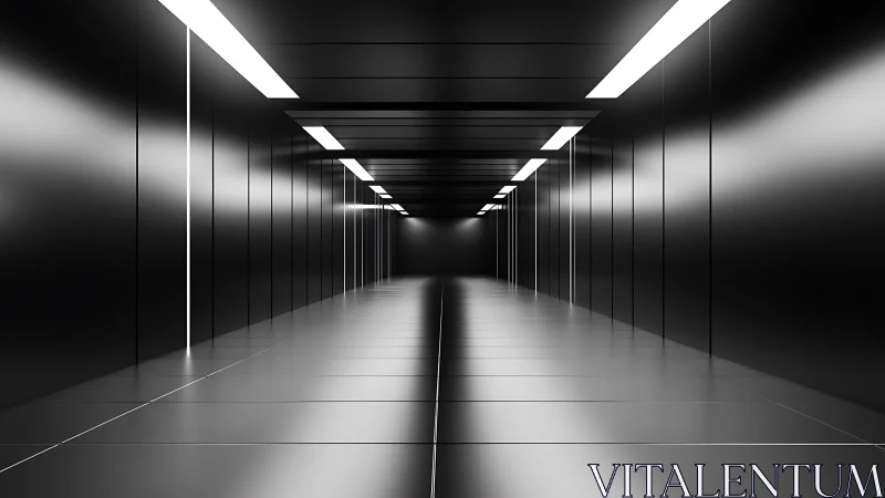 Linear corridor uses reflective black panels and strip lighting