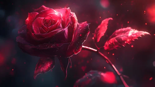 Glowing Red Rose in Luminous Darkness.