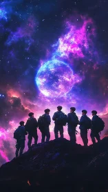 Silhouetted explorers stand under vivid purple cosmic sky.