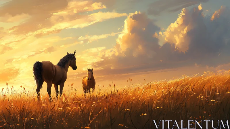 Sunlit horses stand in golden meadow under dramatic clouds
