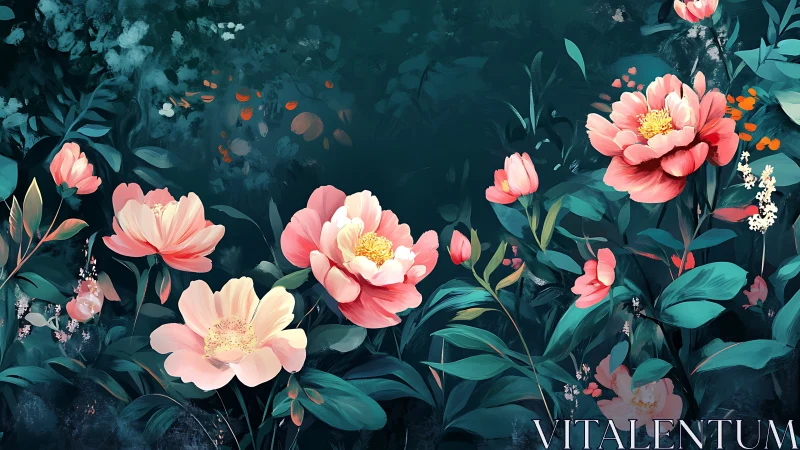 Deep Teal Garden: Pink Peonies Against Dark Botanical Backdrop.