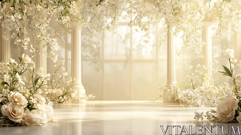 Sunlit floral columns frame an ethereal romantic ceremony space